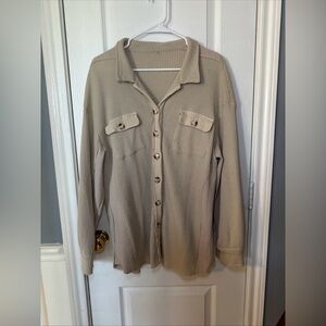 Waffle Knit Button‎ Front Oversized Shirt Size Small Long Sleeve Relaxed Neutral